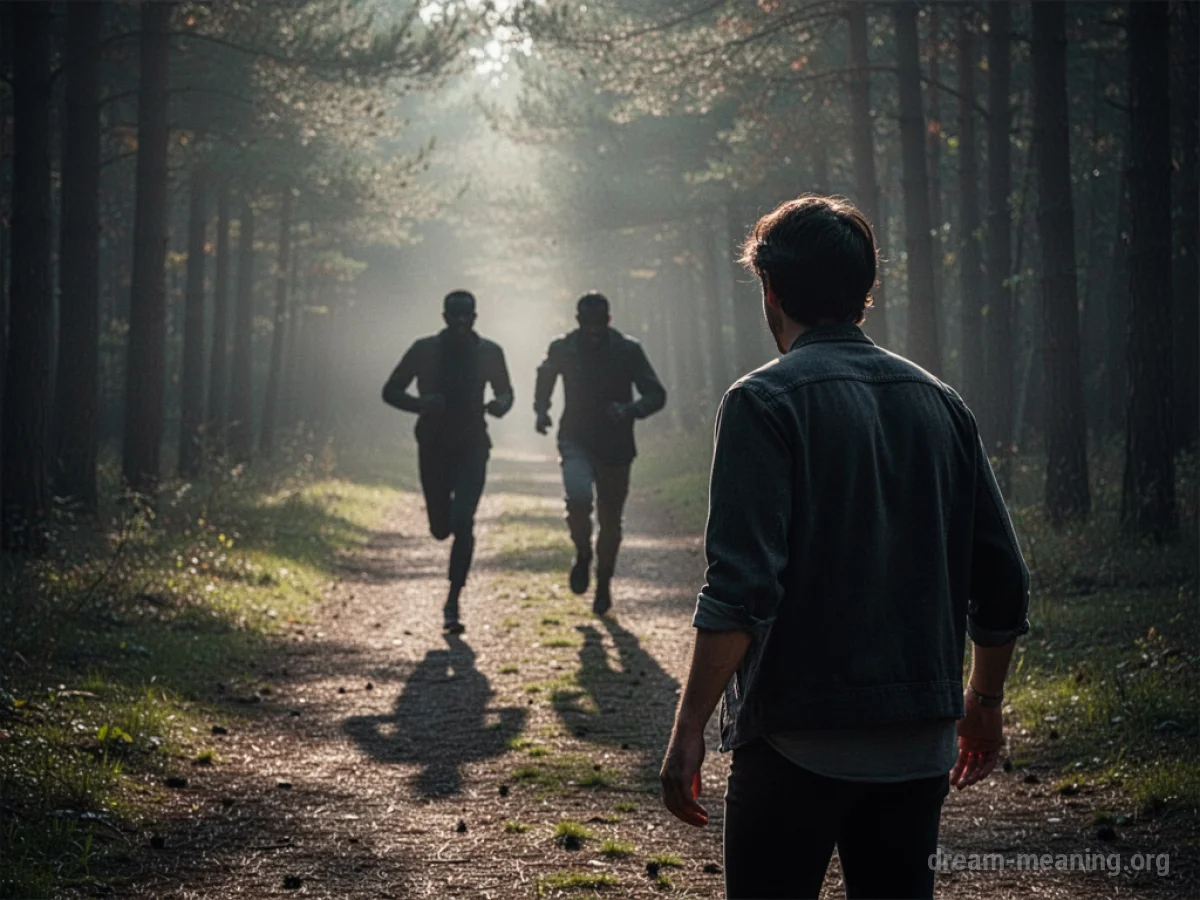 Silhouette of a figure running towards another figure.