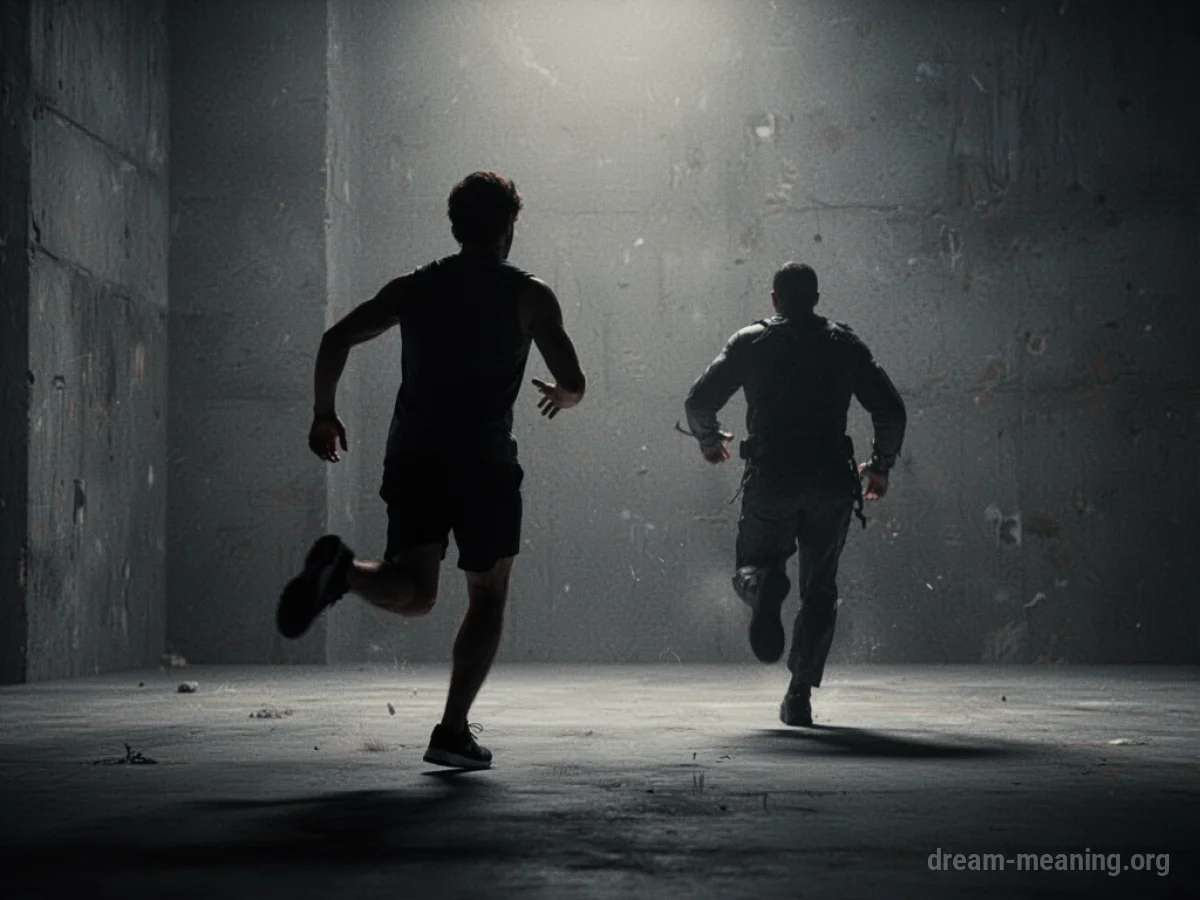 Silhouette of a figure running away from another figure in a shadowy environment.