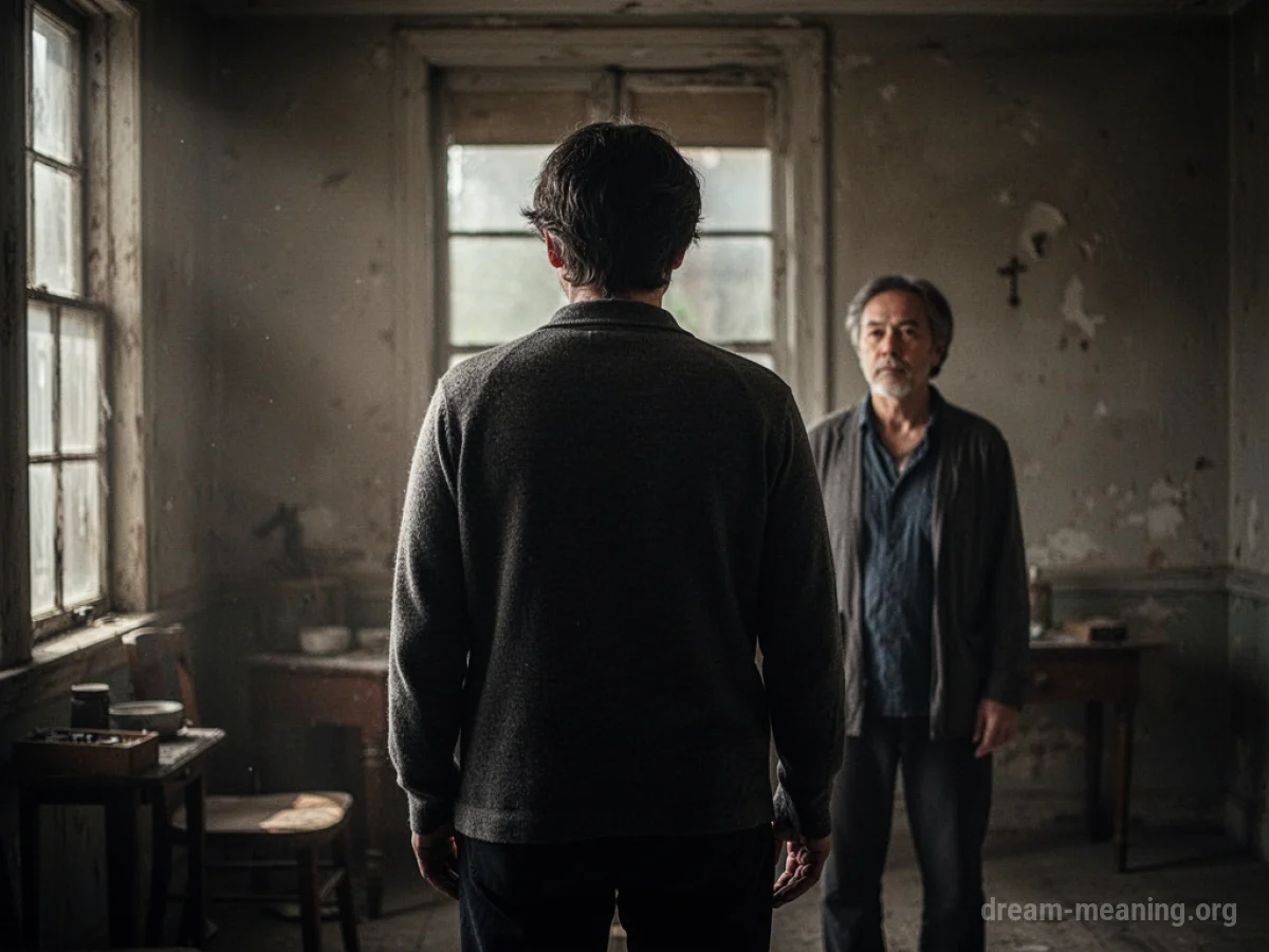 A person standing with their back to the viewer, observed by another figure in the background.