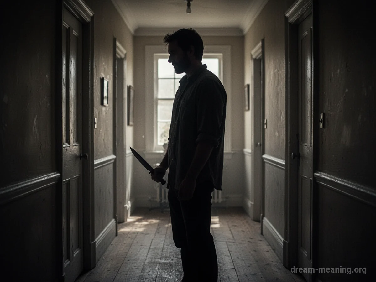 Silhouette of a person holding a knife in a dark hallway.