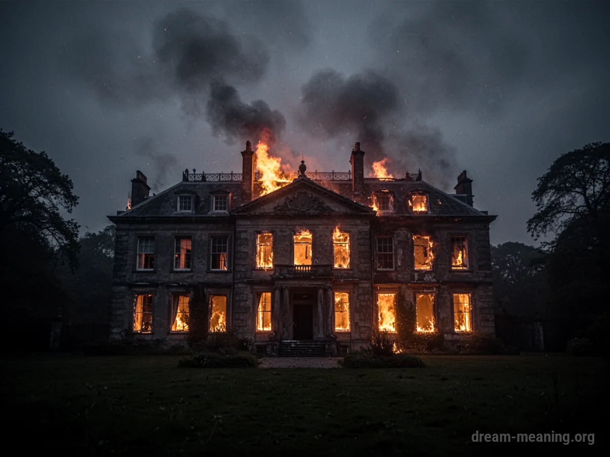 A grand house engulfed in flames and smoke.