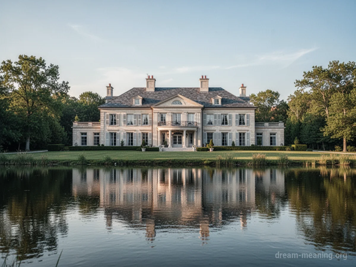 A grand house next to a still lake.