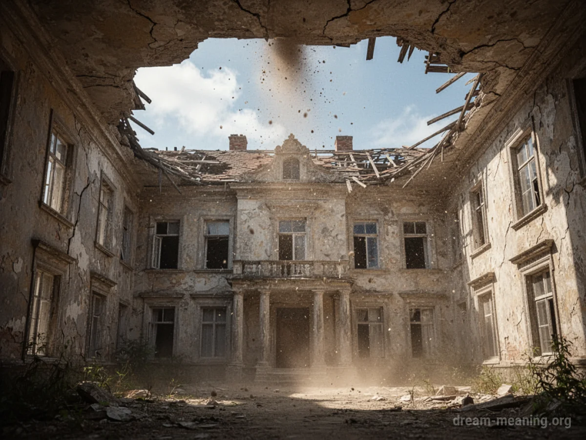 An old mansion with structural damage and a hole in the roof.