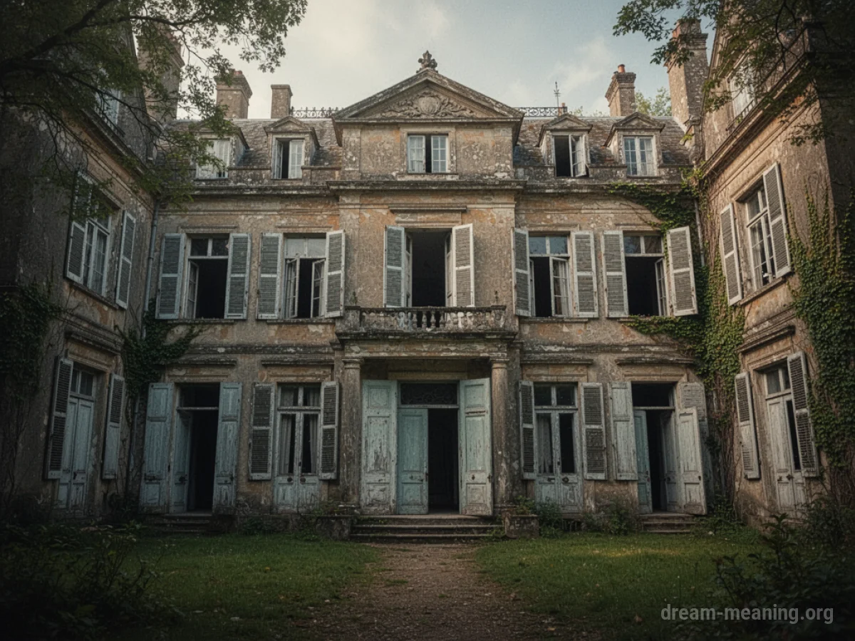 Exterior view of a large mansion with many windows and doors.