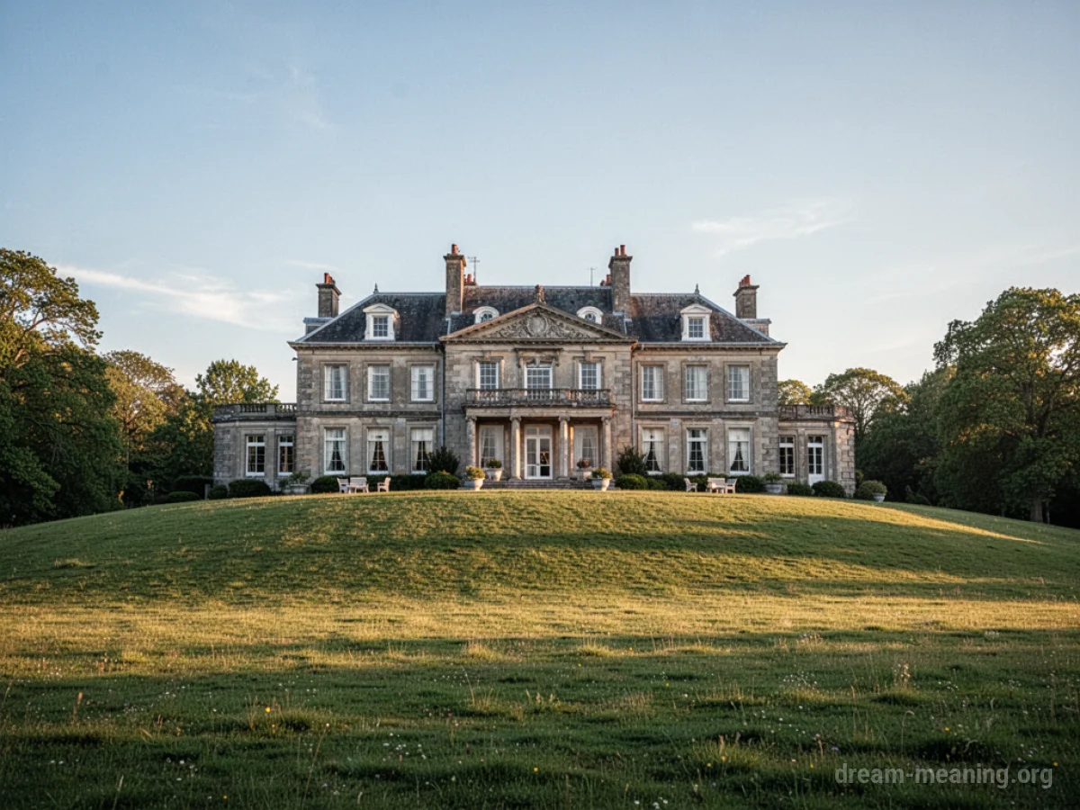 A grand house positioned atop a gentle slope.