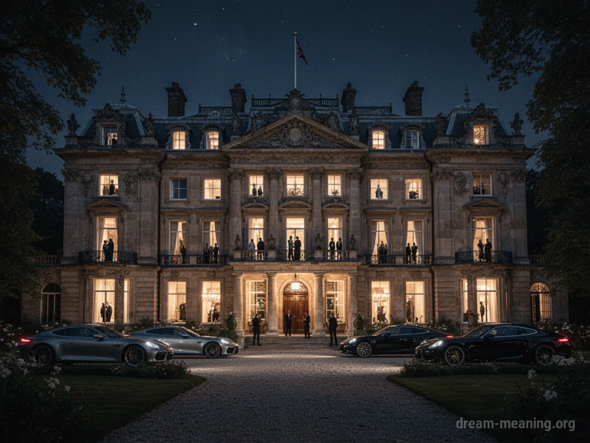 A large, brightly lit mansion at night with cars in the driveway.