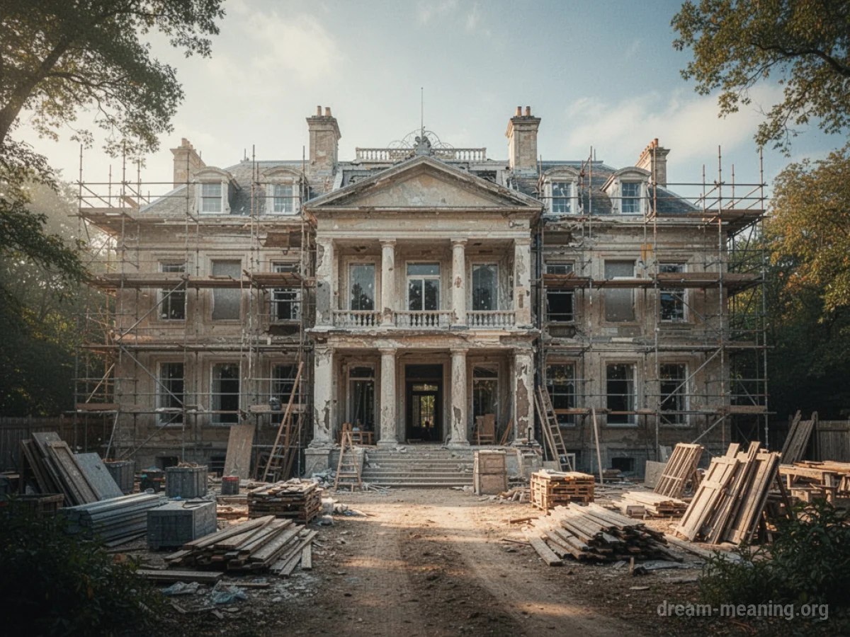 A large house with construction scaffolding around parts of it.