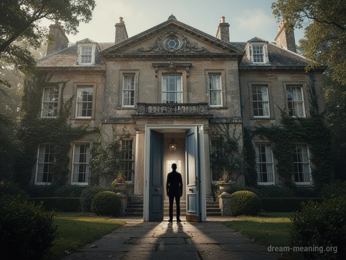 Silhouette of a person standing in the doorway of a large mansion.