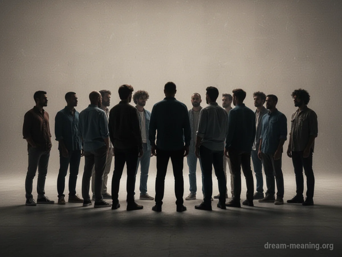 A group of indistinct male figures standing together.