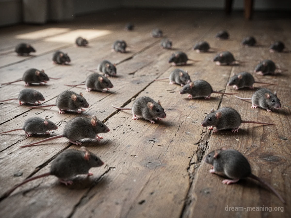Numerous small grey mice scattered across a wooden floor.