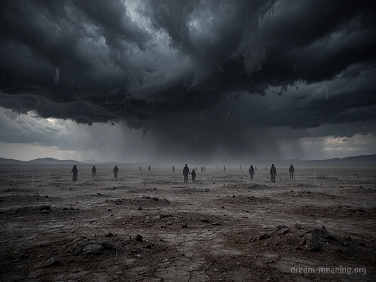 Distant, indistinct figures scattered across a barren, overcast landscape.