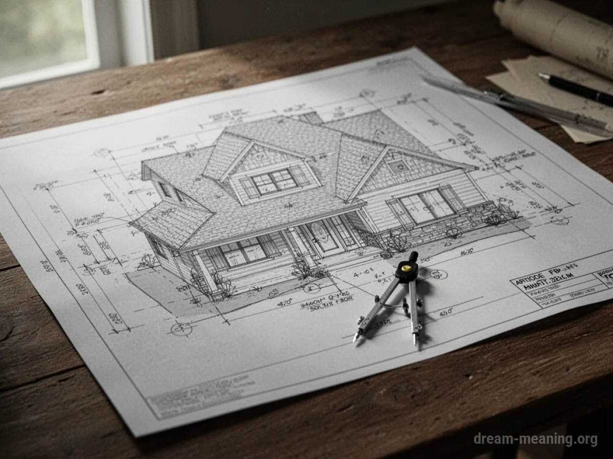 An architectural blueprint of a house on a table with a compass.