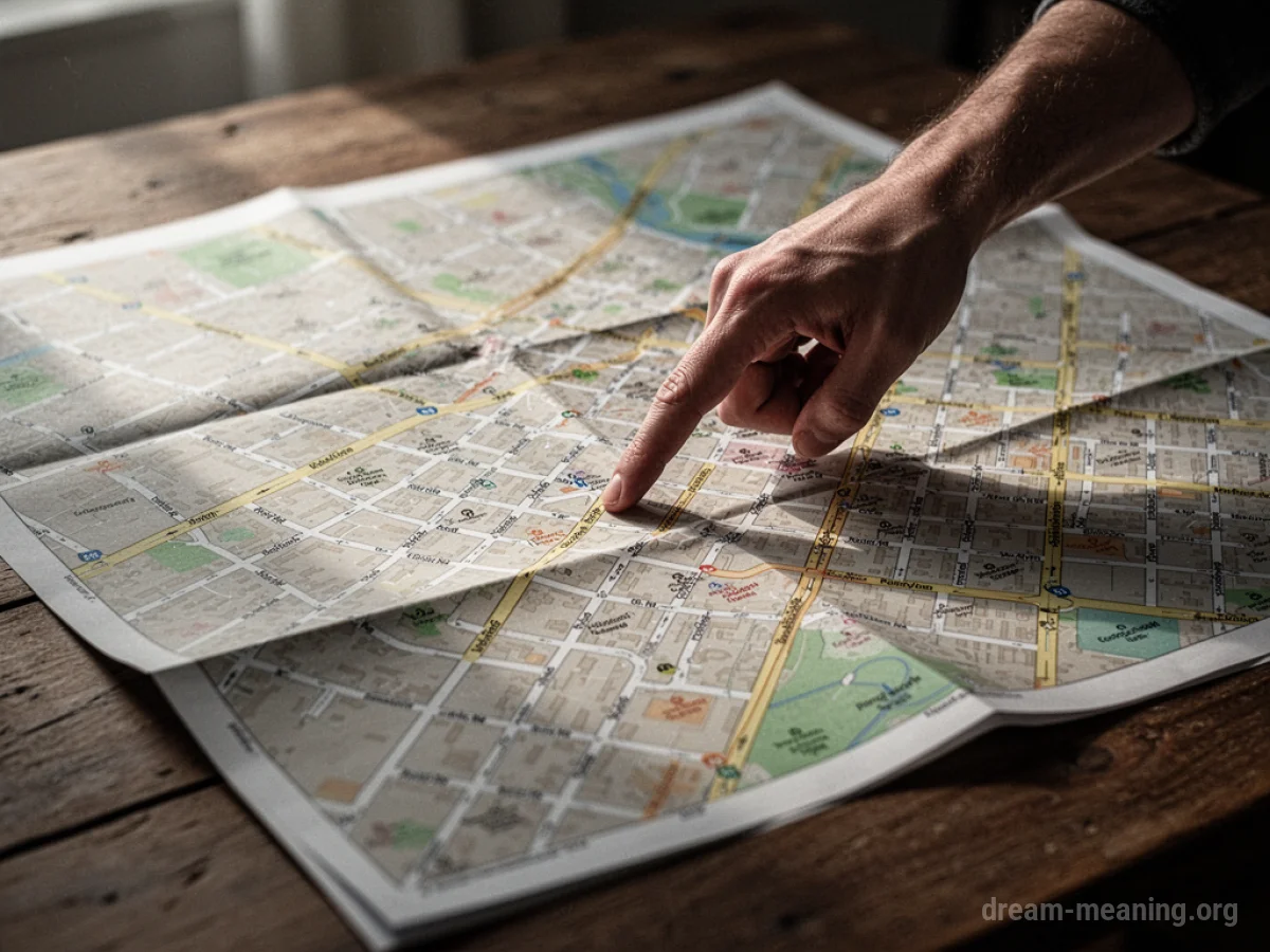 A detailed city map with a finger pointing to a street.