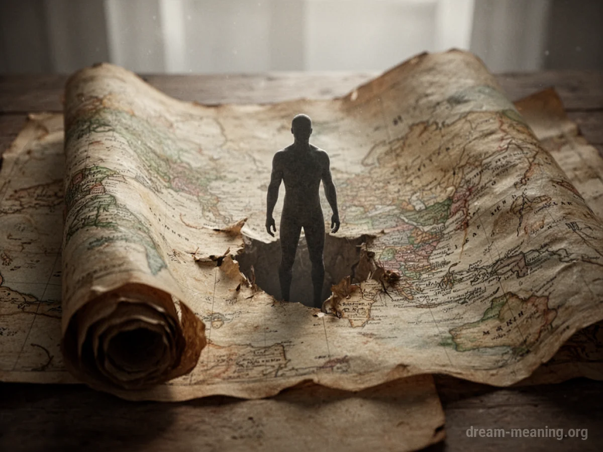 A human silhouette emerging from the center of an unfurling map.