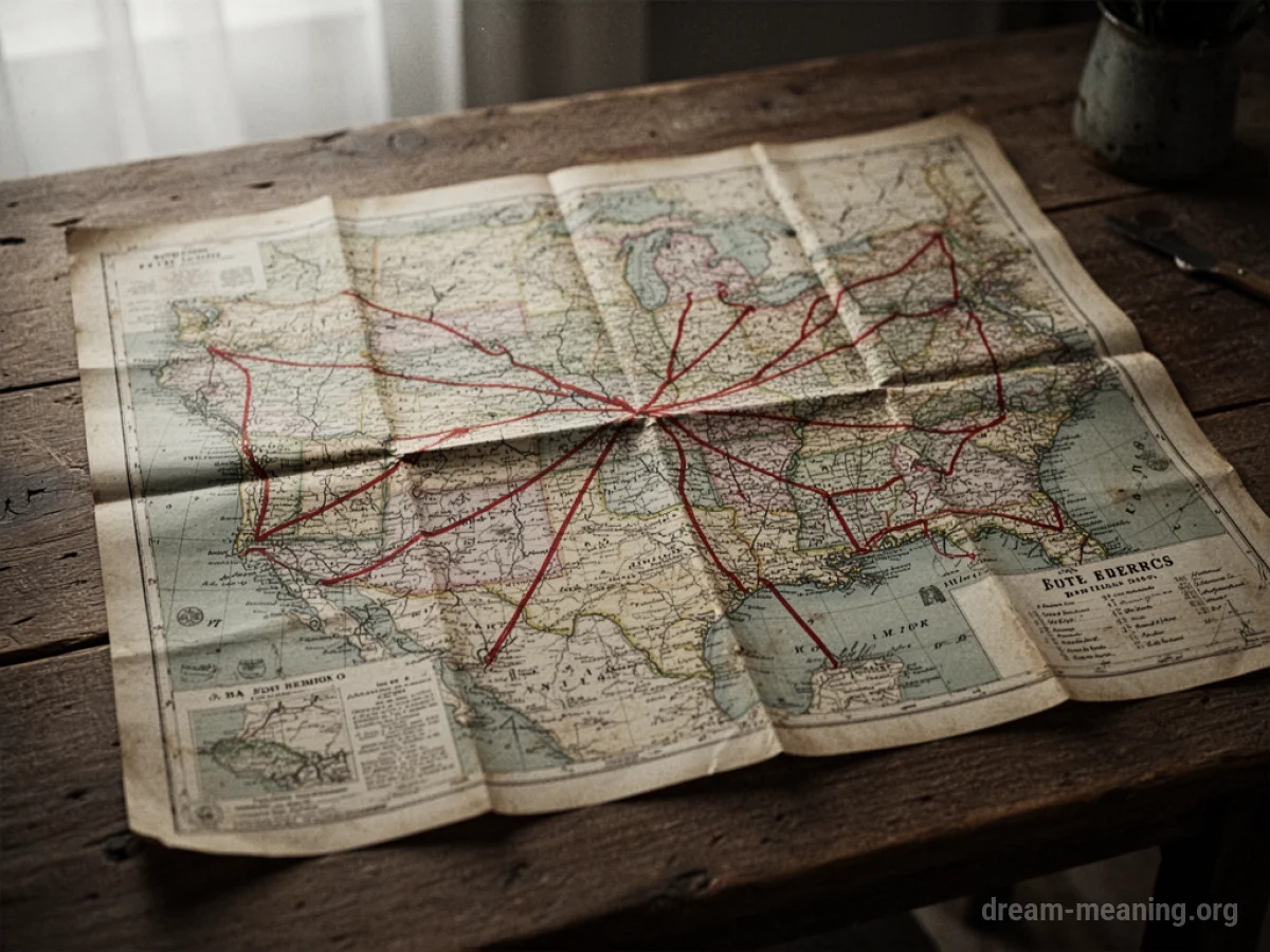 A close-up view of a map displaying bold red lines marking specific paths.