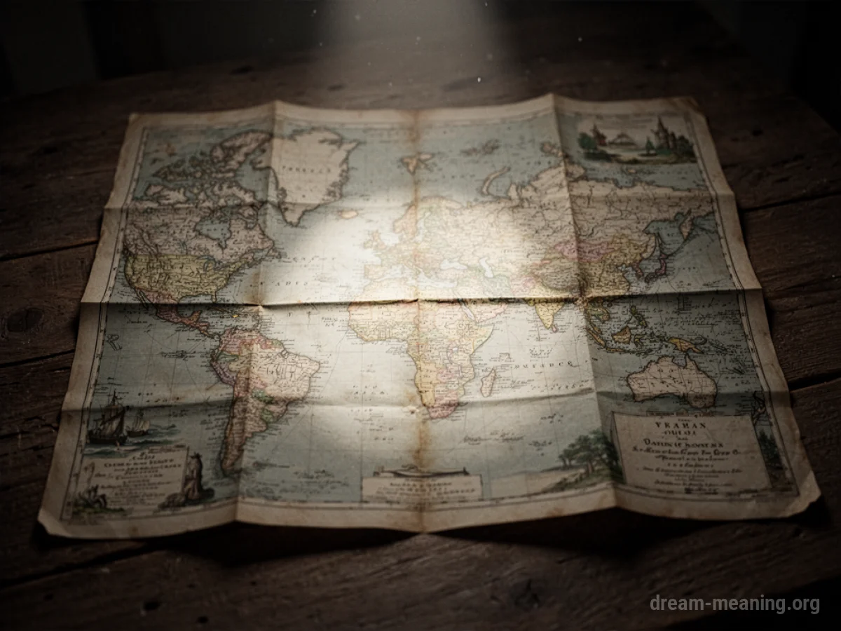 An old map lying flat on a table with light shining on it.