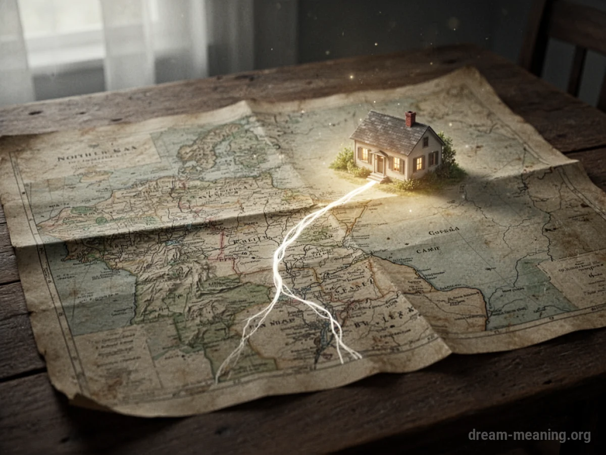 A detailed map with a highlighted path leading to a house illustration.