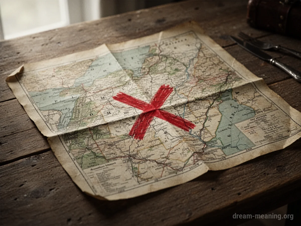 A close-up view of a map with a red X drawn on it.