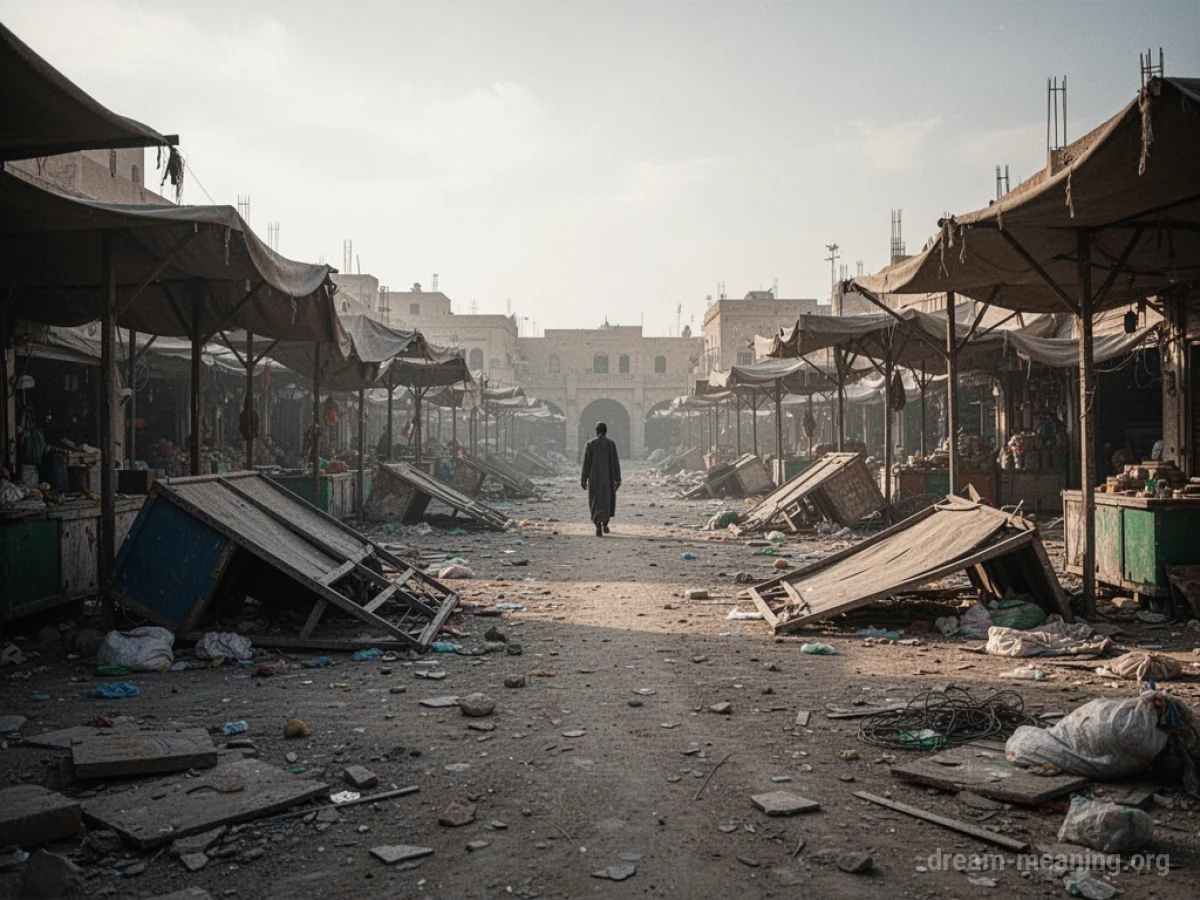 An empty, ruined marketplace with scattered debris.