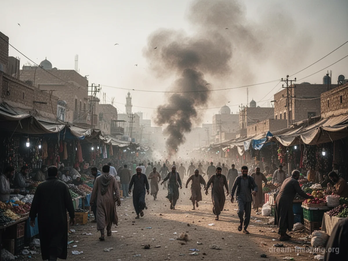 A marketplace with smoke billowing from one area, and people moving away.
