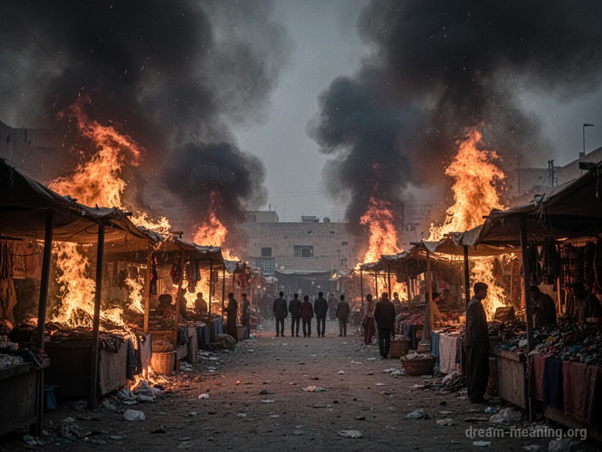 A marketplace with buildings and stalls burning intensely under a smoky sky, with people watching from afar.