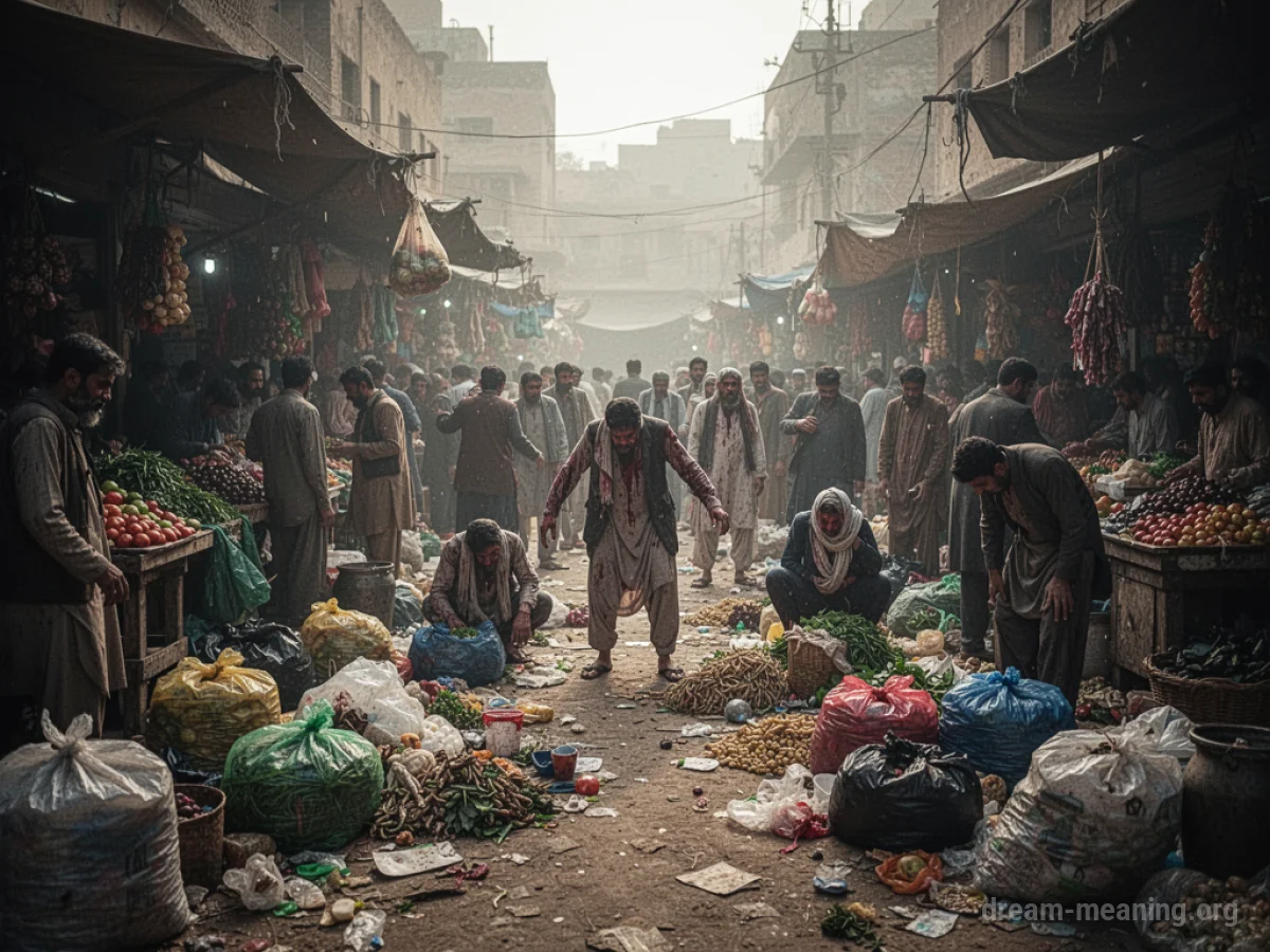 A marketplace in disarray with overturned stalls and a confused crowd.