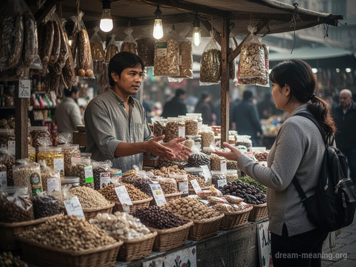 A vendor standing behind a stall at an outdoor market.