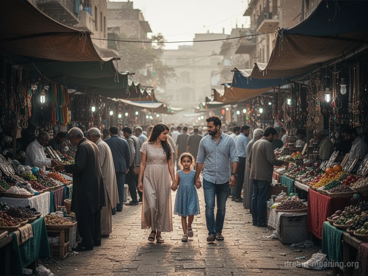 A family walks through a crowded marketplace.