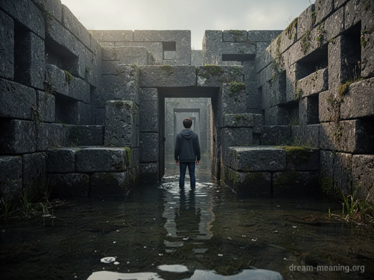 A stone maze partially filled with dark water.