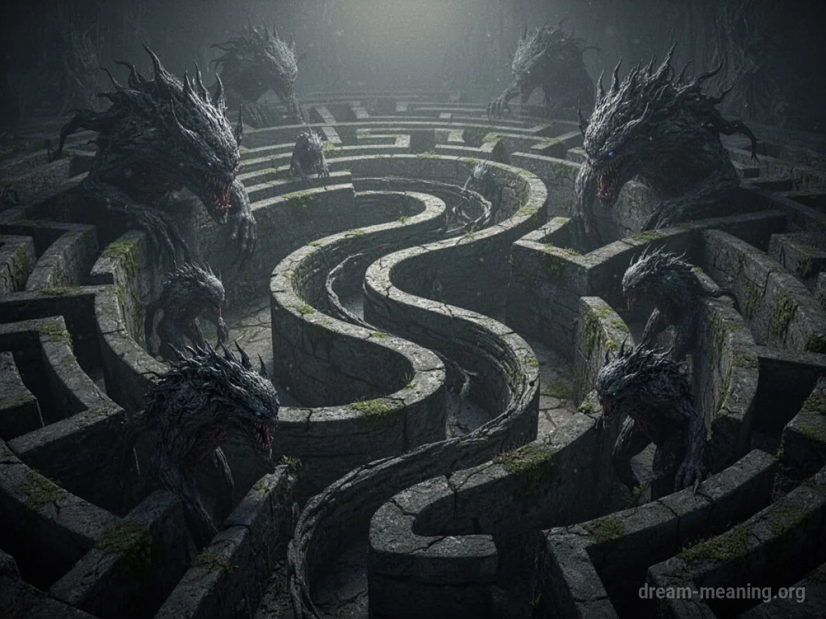 A person standing at the entrance of a dark, confusing maze with shadowy figures in the distance.