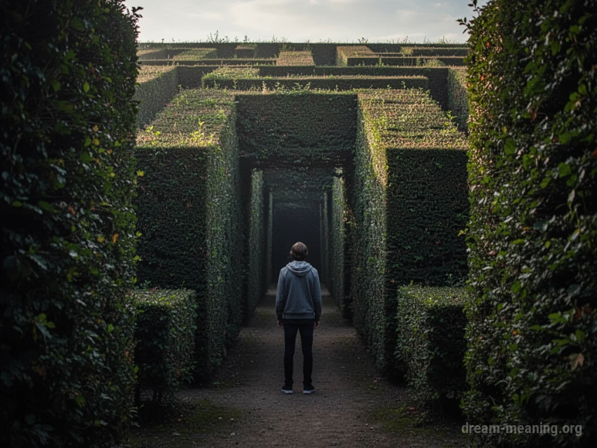 Person facing the entrance of a dense, dark maze with no visible exit.