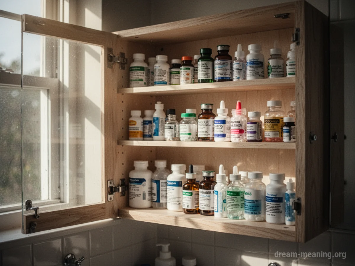 An open wall-mounted cabinet filled with medical supplies.
