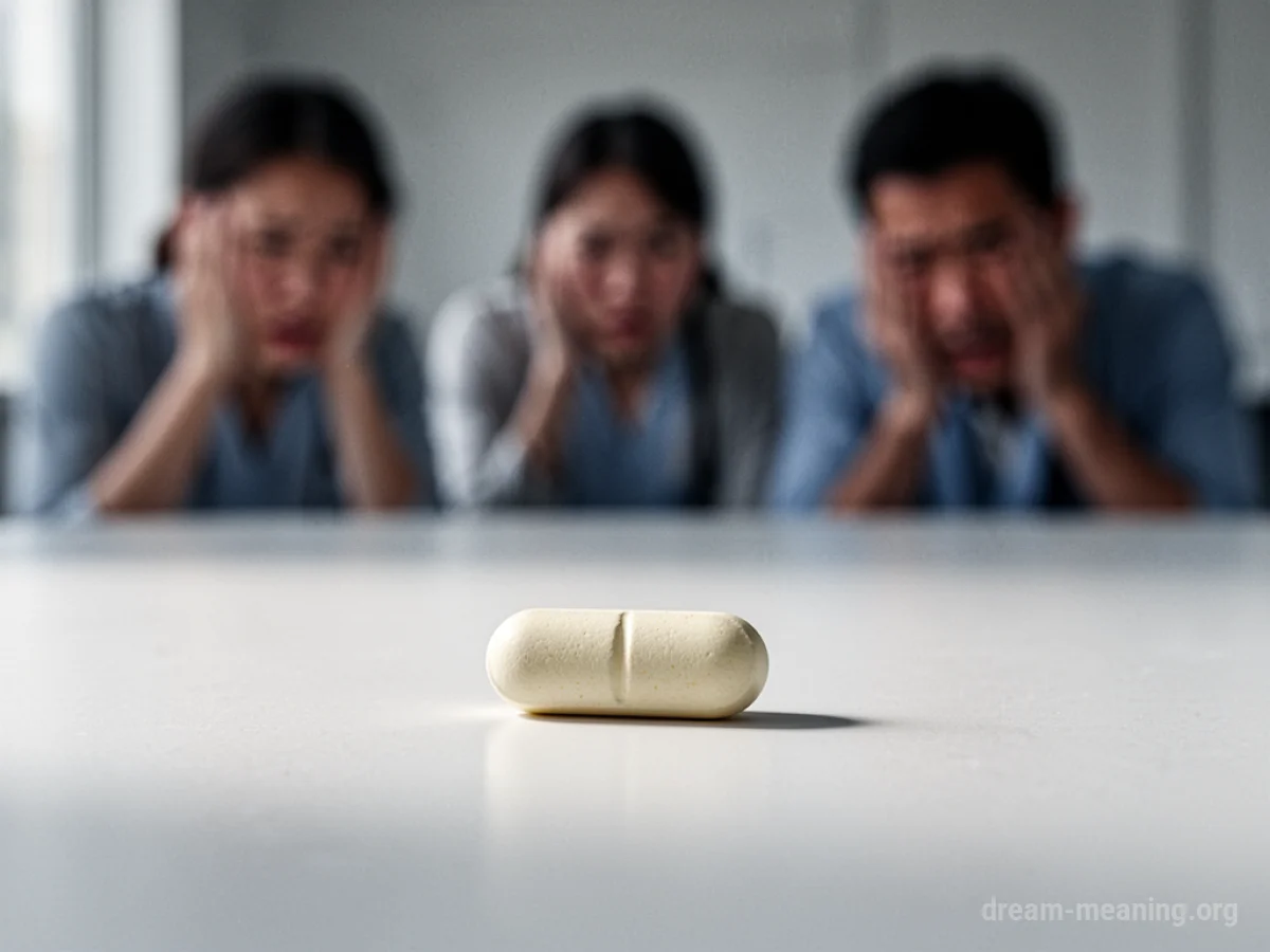 A single pill resting on a flat white surface with blurred figures in the background.