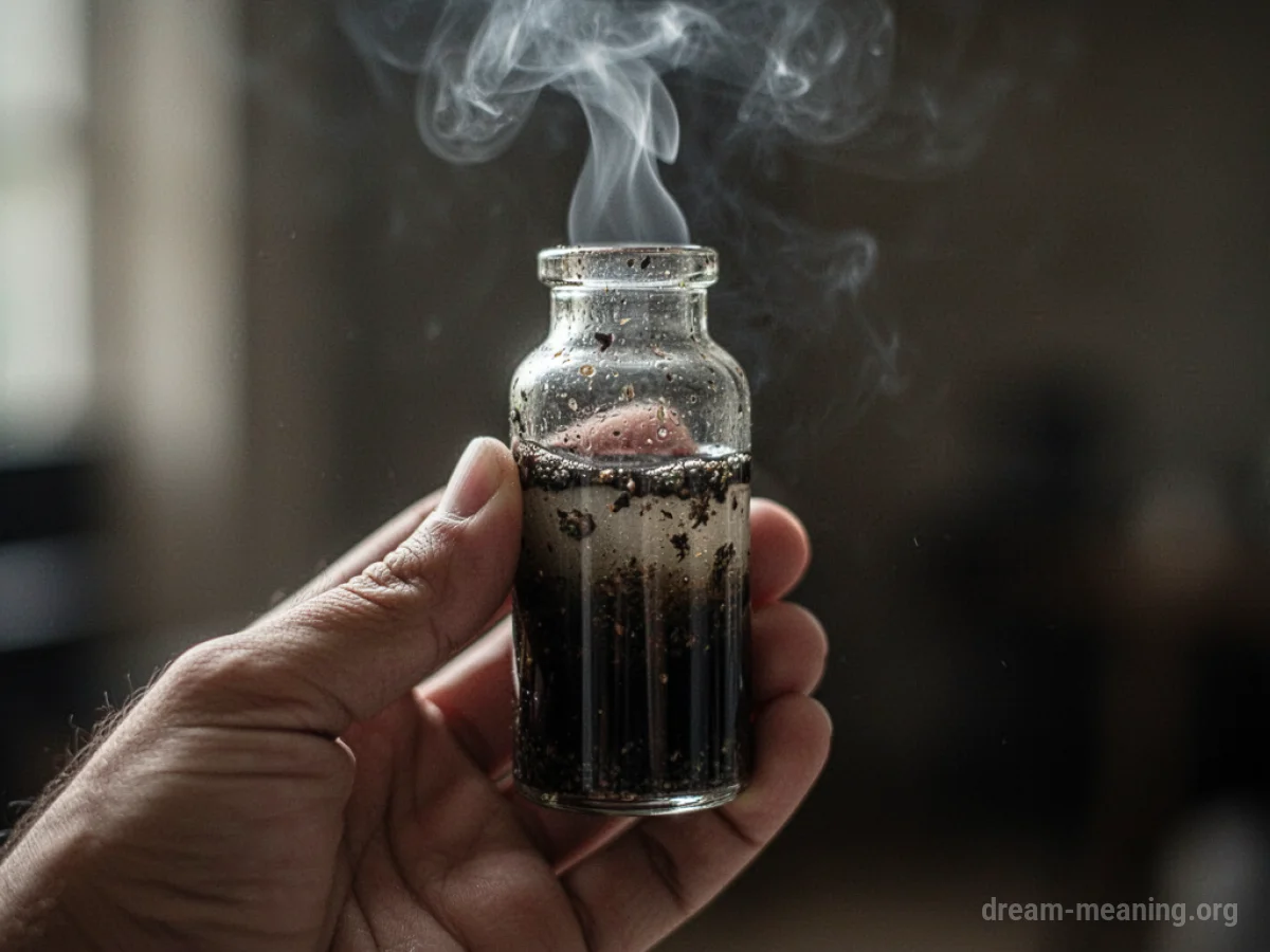A hand holding a glass vial with dark liquid.