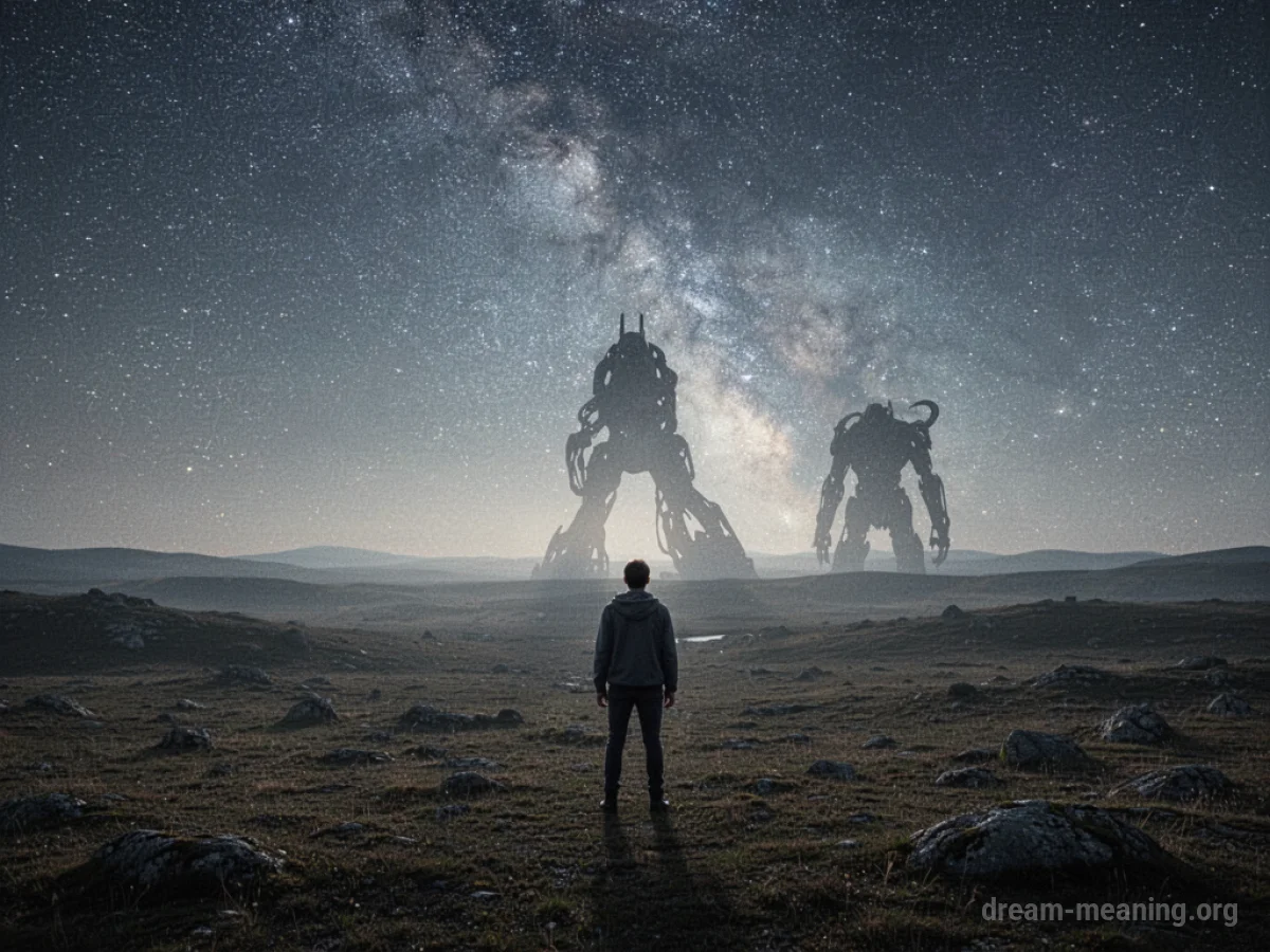 A person in a dark, starry void faces a faint, abstract shape.