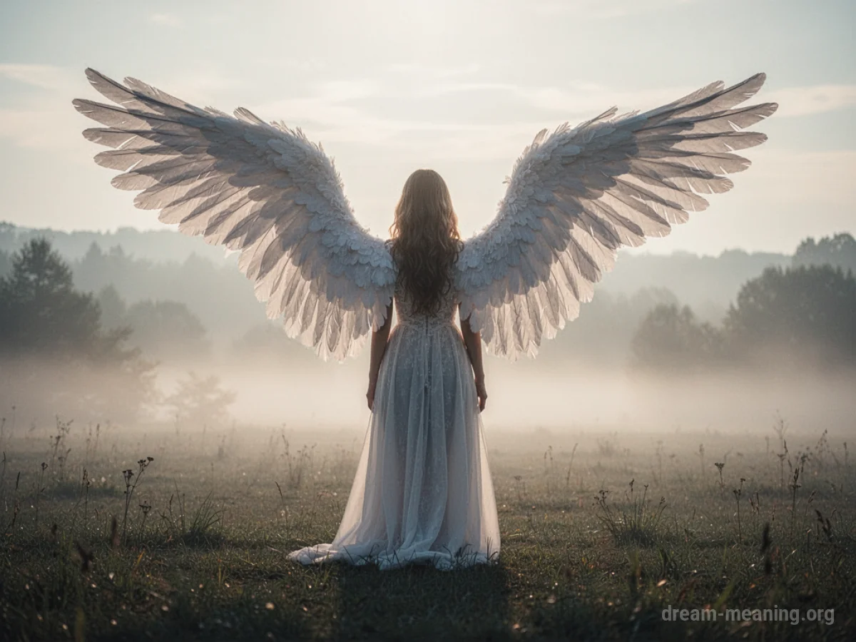 A winged figure with glowing light in a misty field.