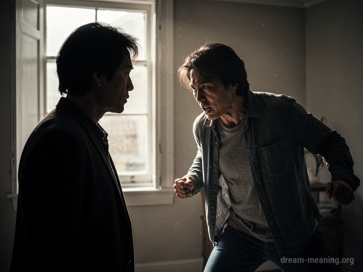 Silhouette of one person facing a second person with an aggressive stance.