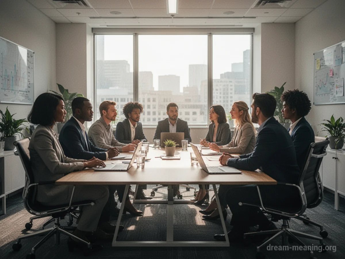 A business meeting in progress around a conference table in a well-lit office.