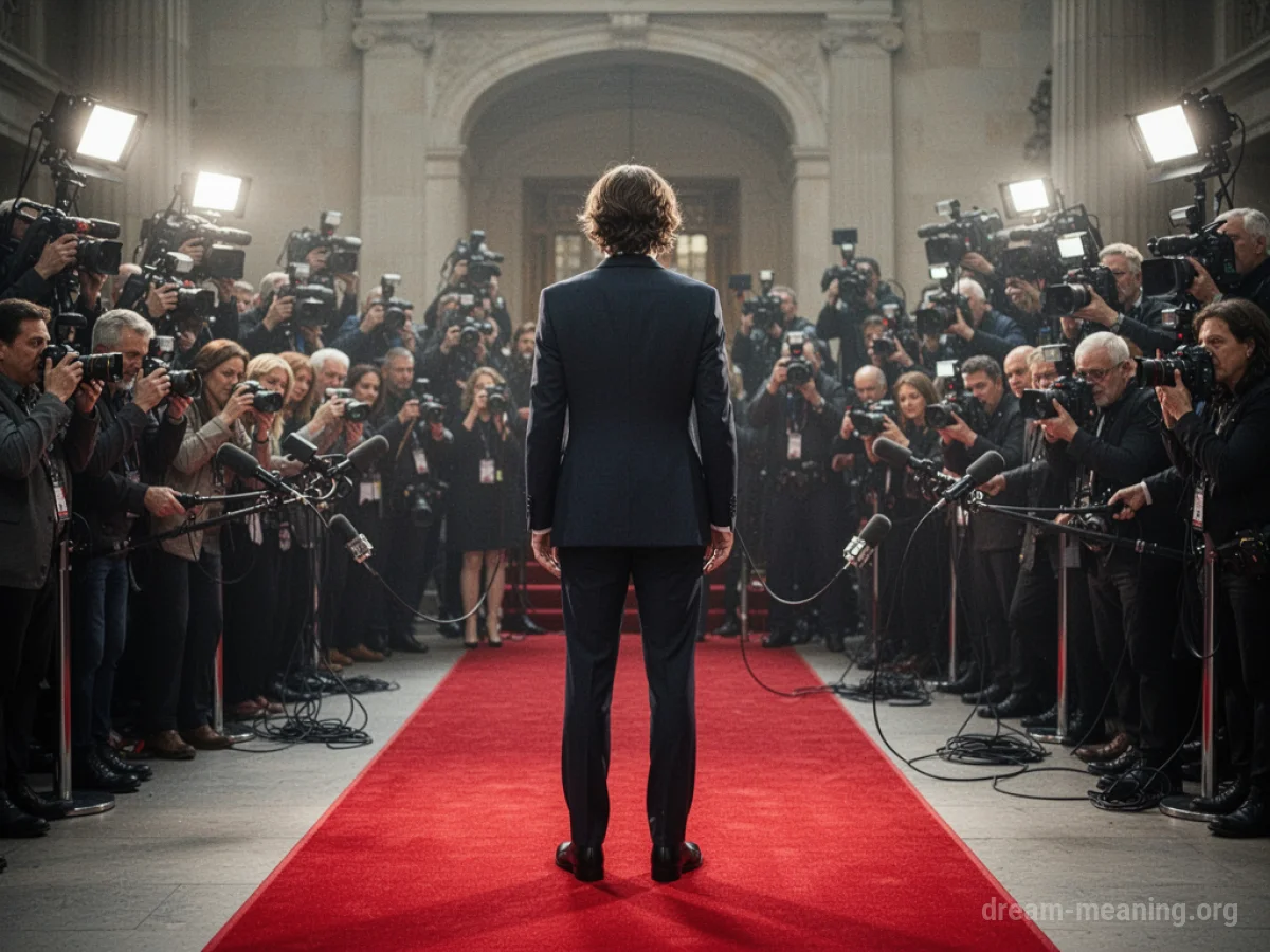 A person on a red carpet facing cameras and microphones.