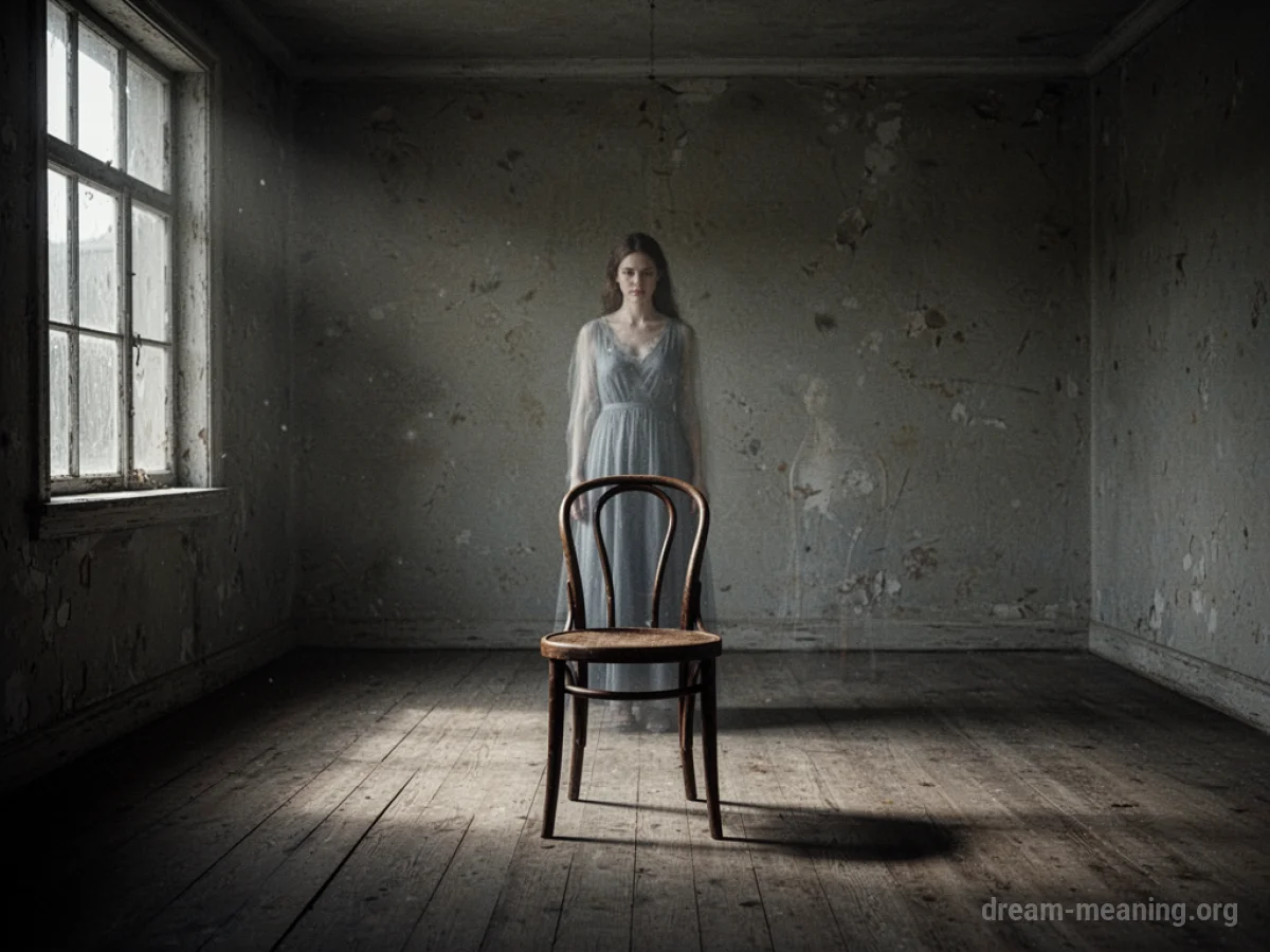 A translucent figure of a woman standing in a dimly lit room.
