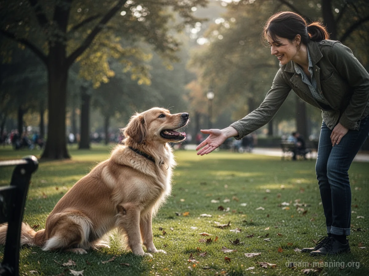 A person and a dog meeting in a park.