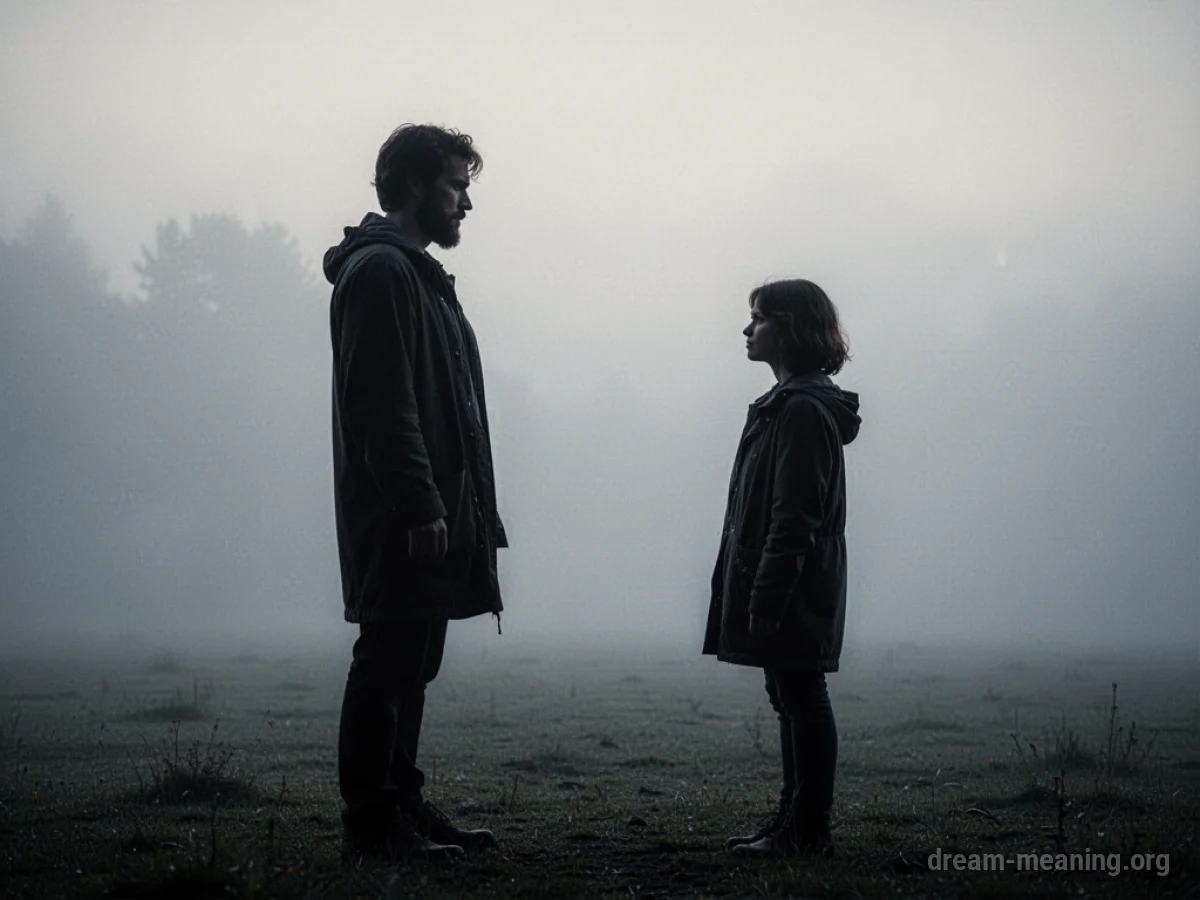 Two indistinct human silhouettes facing each other in a hazy open space.
