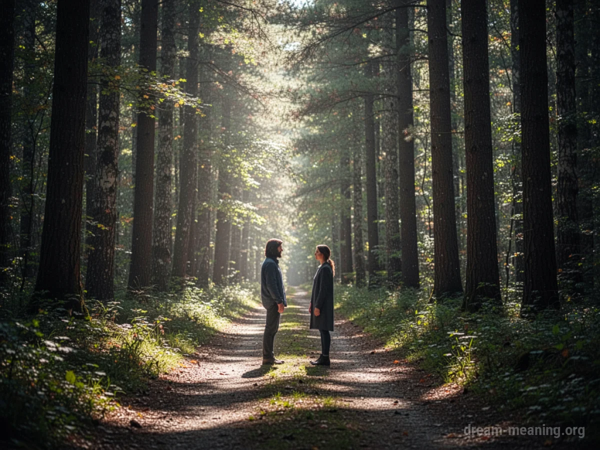 Two silhouettes stand on a path in a sunlit forest.