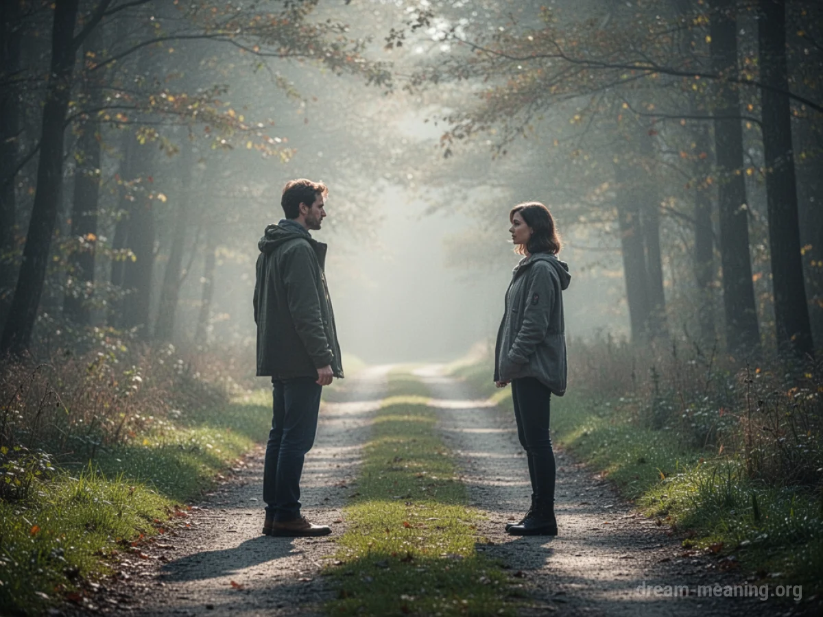 Two silhouetted figures stand on a path, facing each other with a sense of distance.