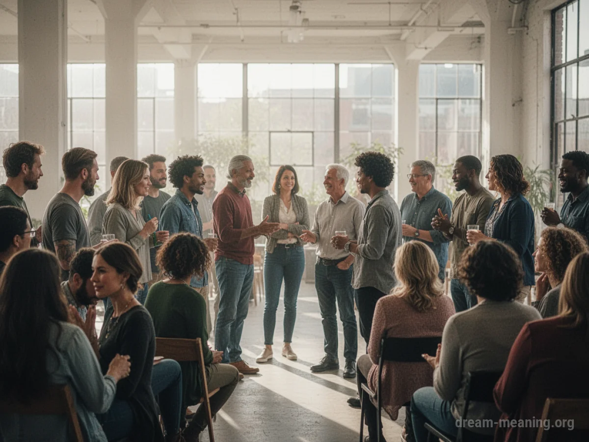 A crowd of diverse individuals standing and talking in a well-lit room.