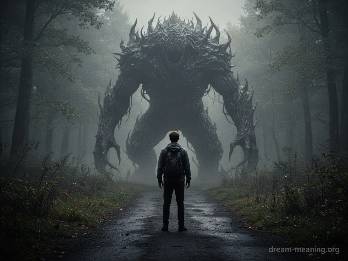 A silhouetted person stands before a large, dark, indistinct creature.