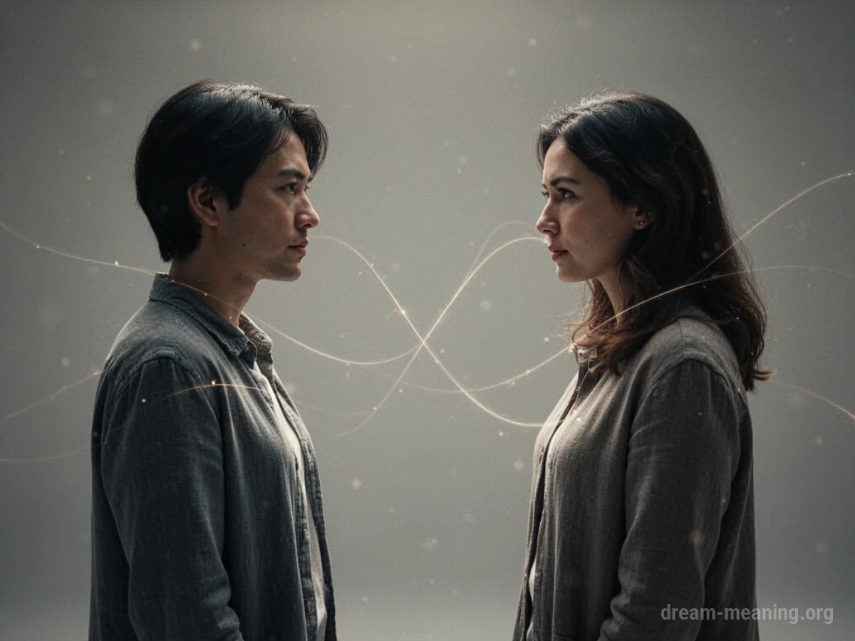 Two silhouetted figures facing each other with faint light between them.