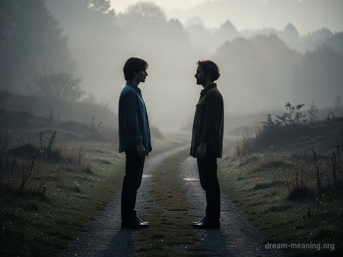 Two silhouetted figures facing each other on a path.