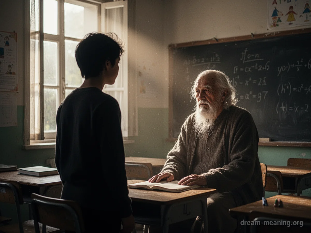 A silhouette of a student facing a teacher in a sunlit classroom.