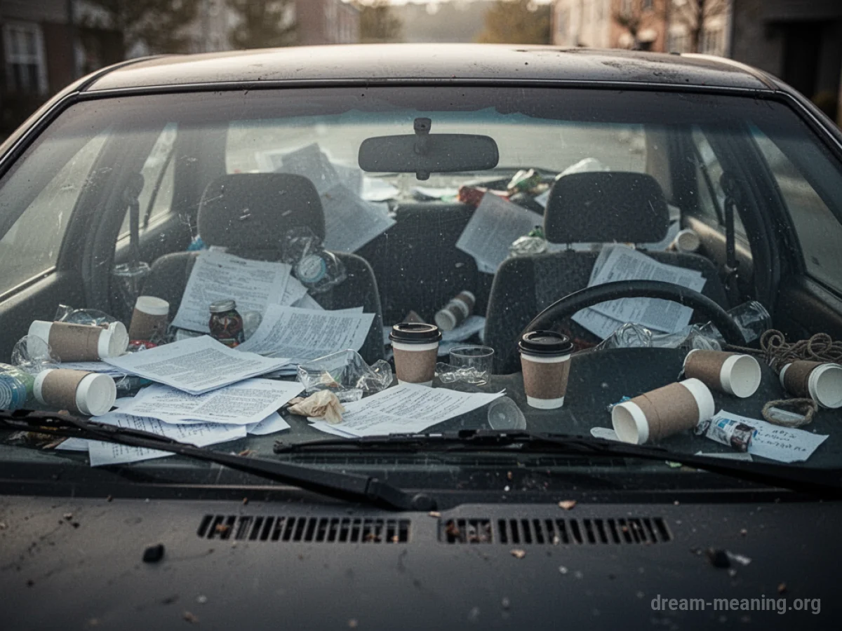 Interior of a car cluttered with various objects.